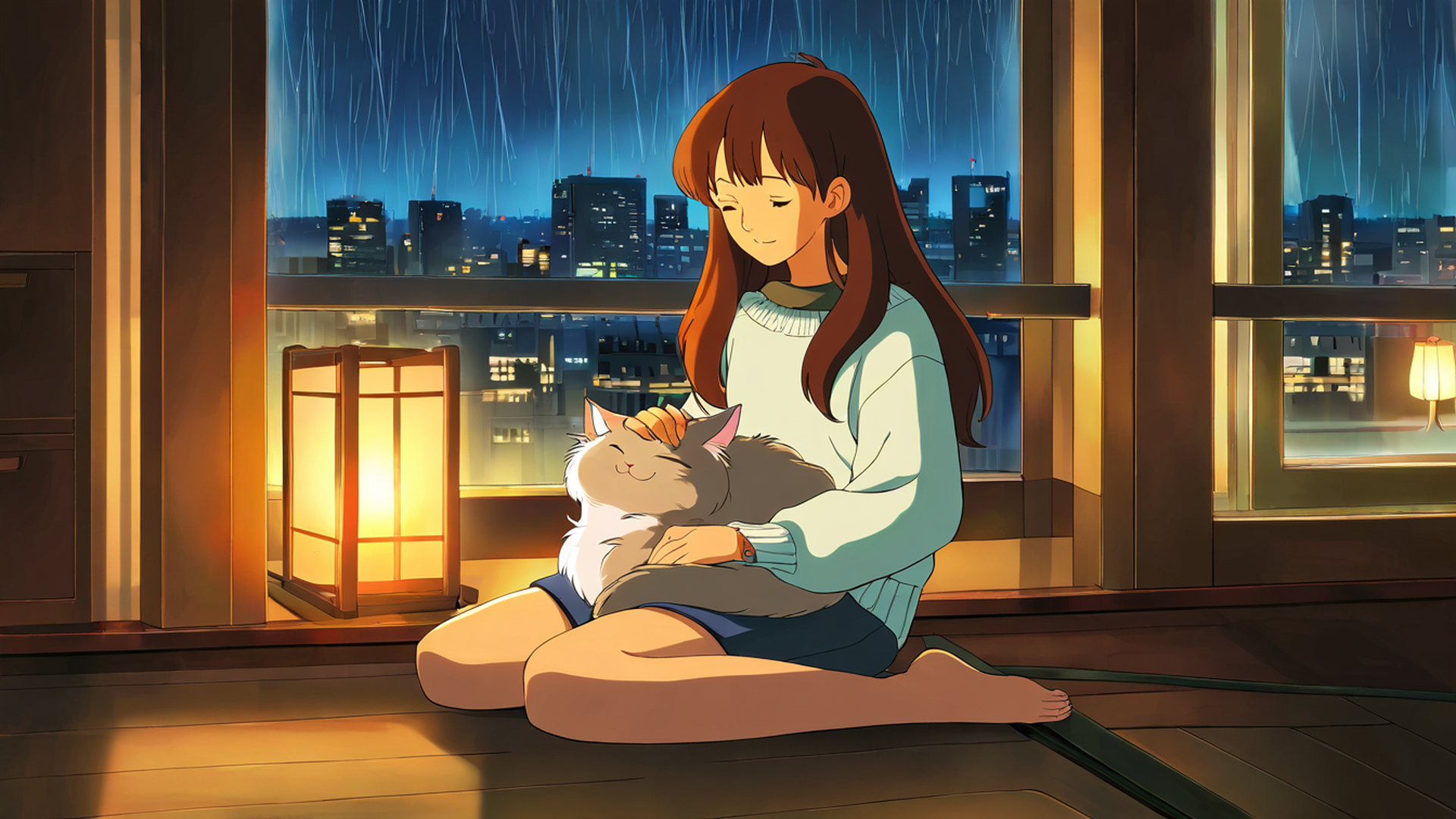 girl with cat lamplight lofi wallpaper