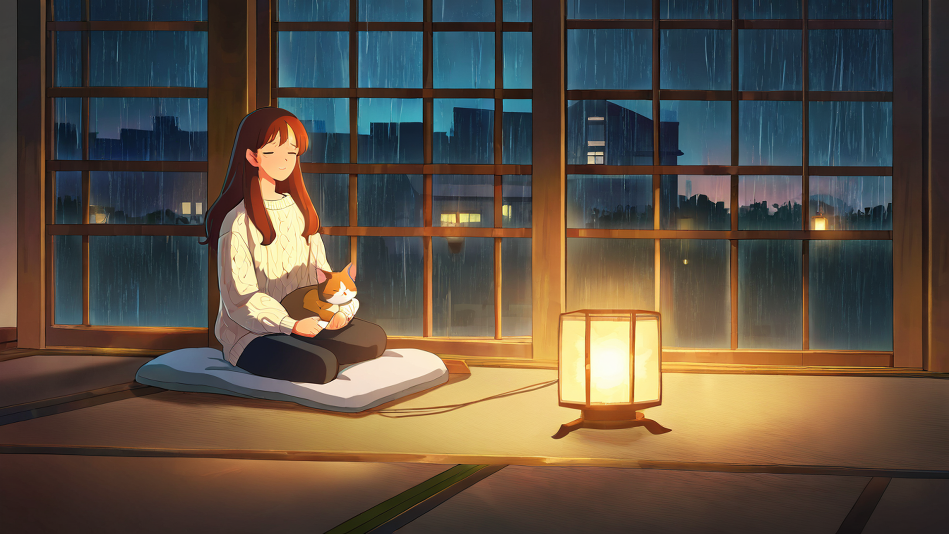girl with cat lamplight lofi wallpaper