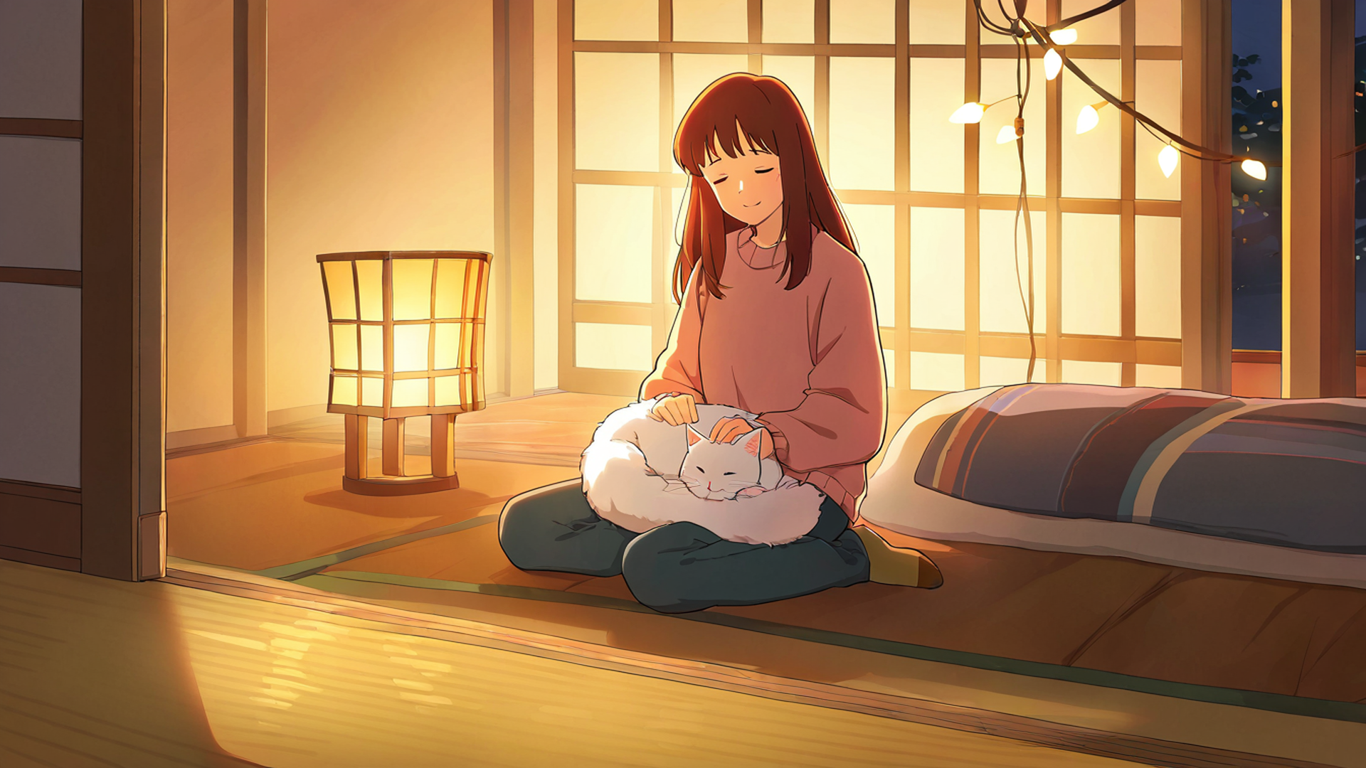 girl with cat lamplight lofi wallpaper