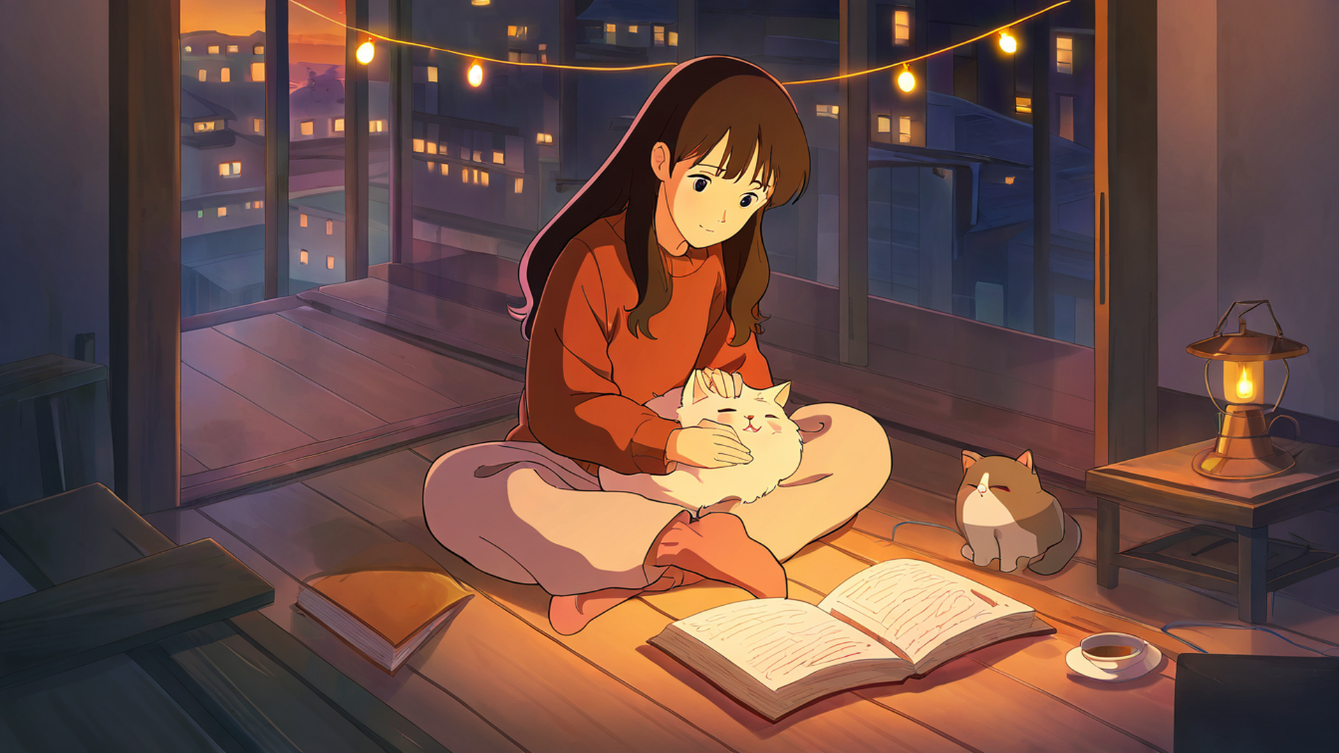 girl with cat lamplight lofi wallpaper