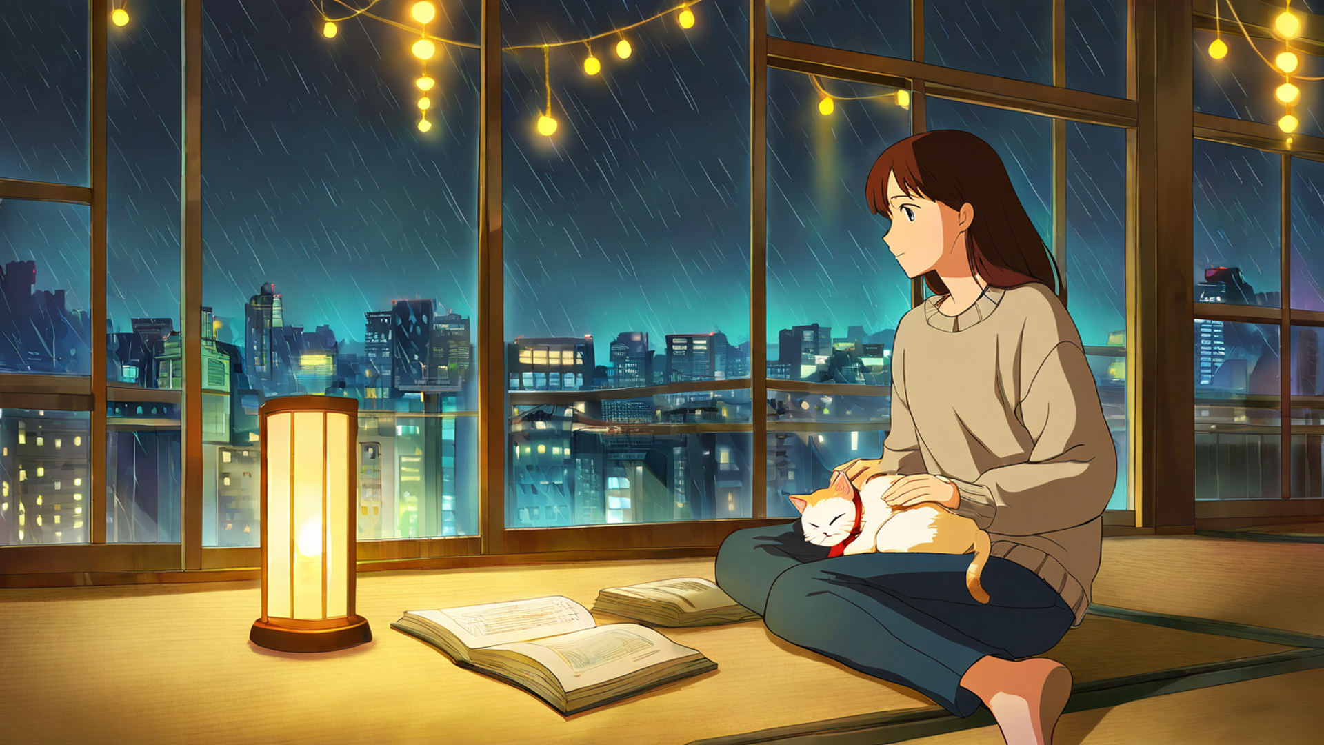 girl with cat lamplight lofi wallpaper