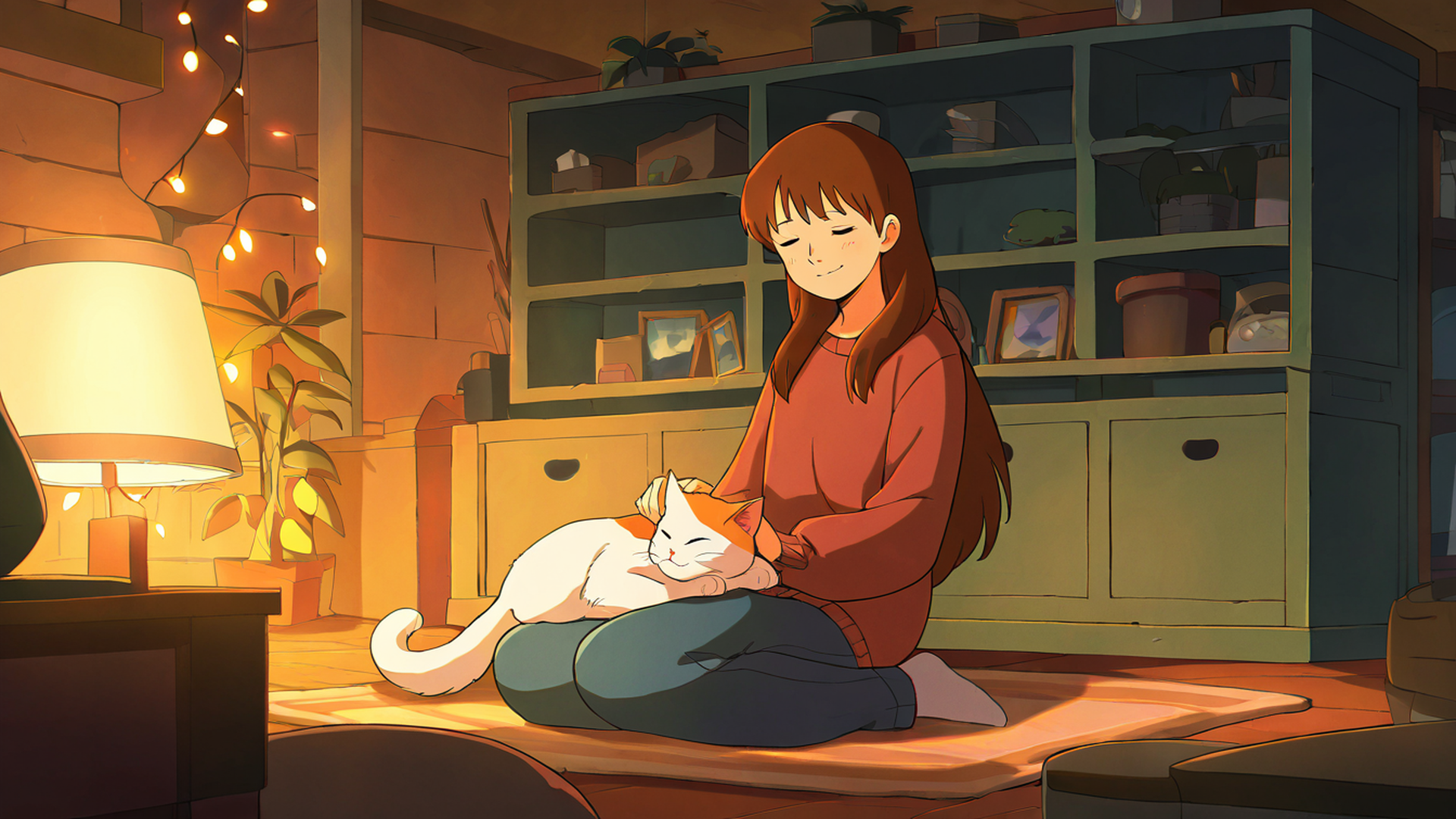 girl with cat lamplight lofi wallpaper