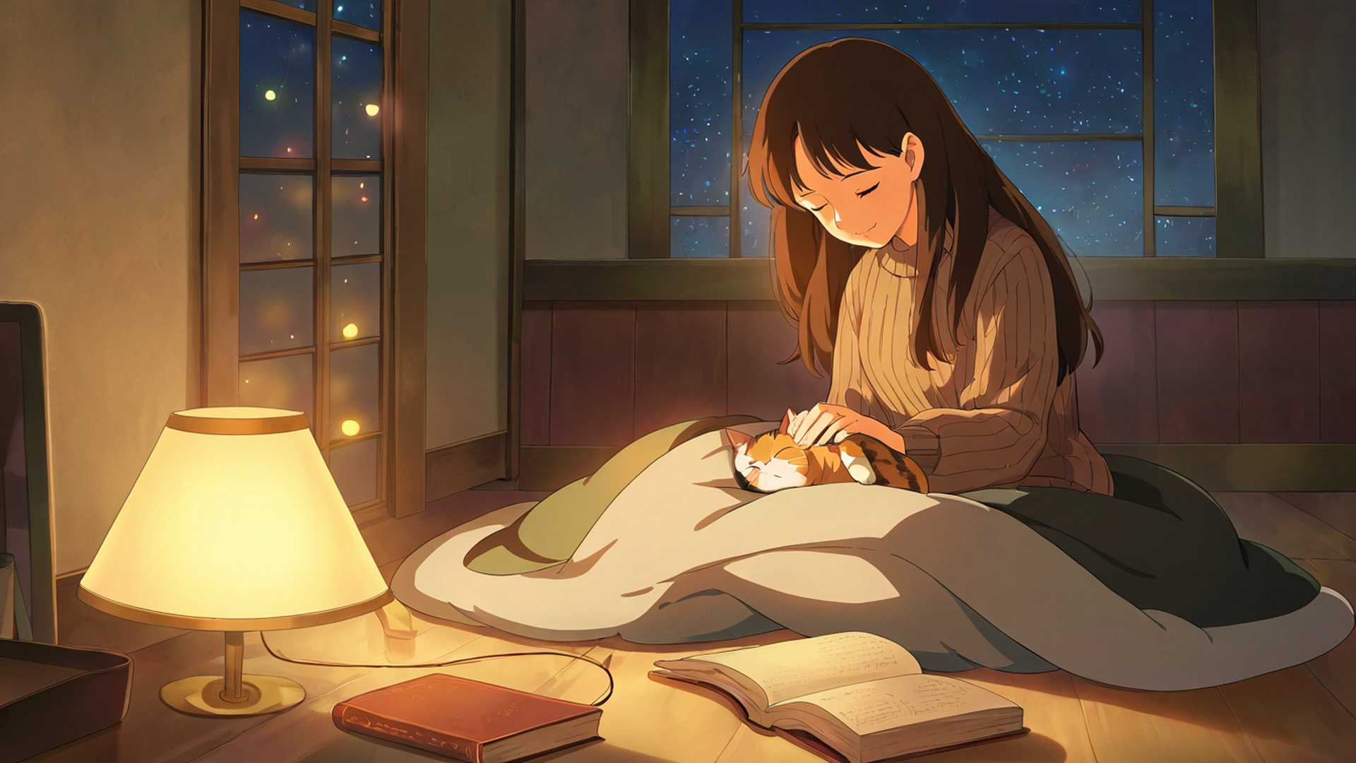 girl with cat lamplight lofi wallpaper