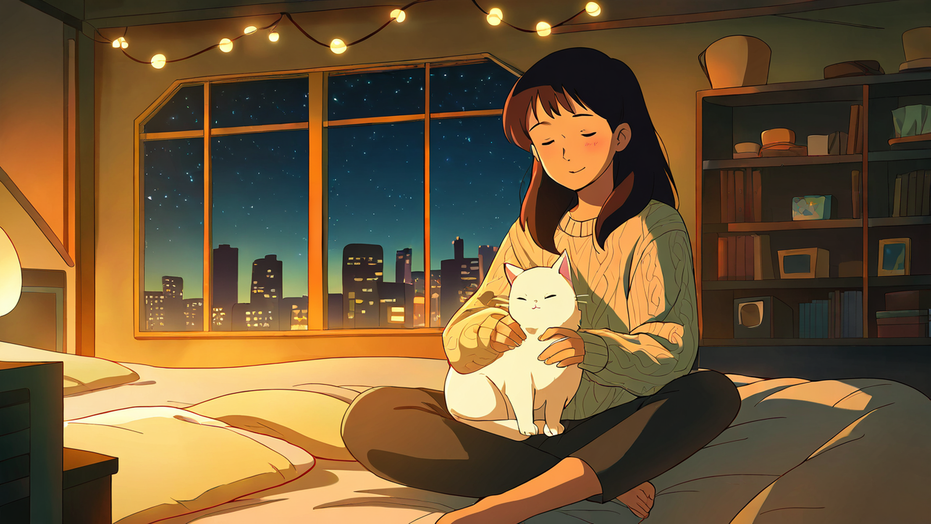 girl with cat lamplight lofi wallpaper