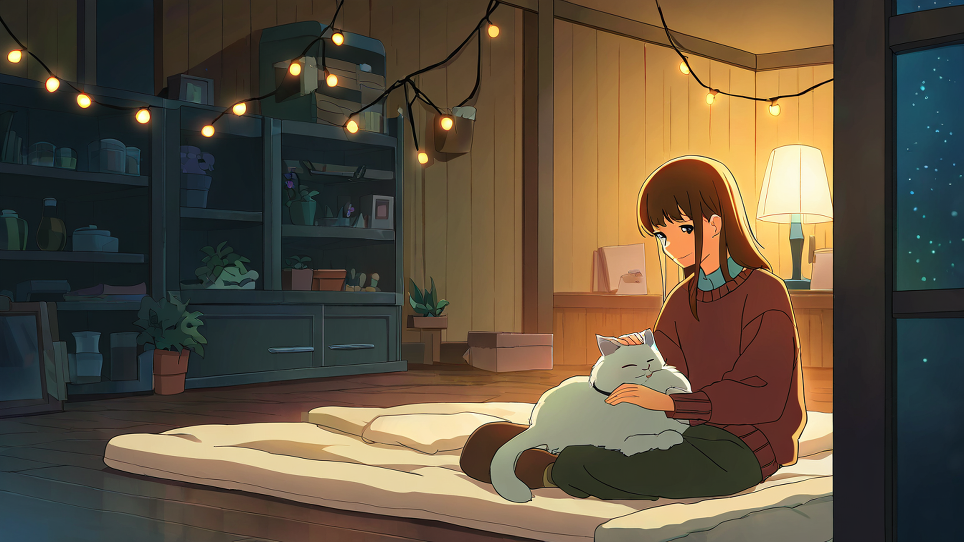 girl with cat lamplight lofi wallpaper