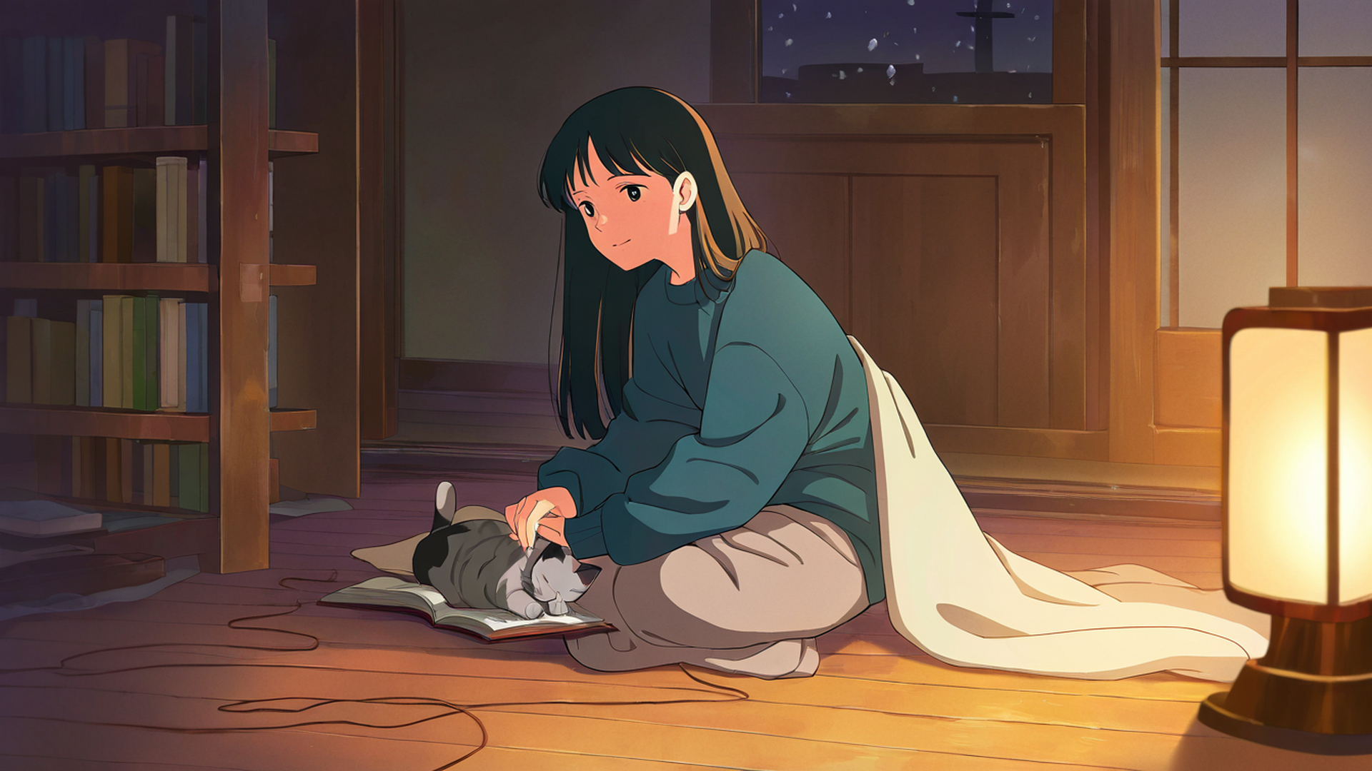 girl with cat lamplight lofi wallpaper