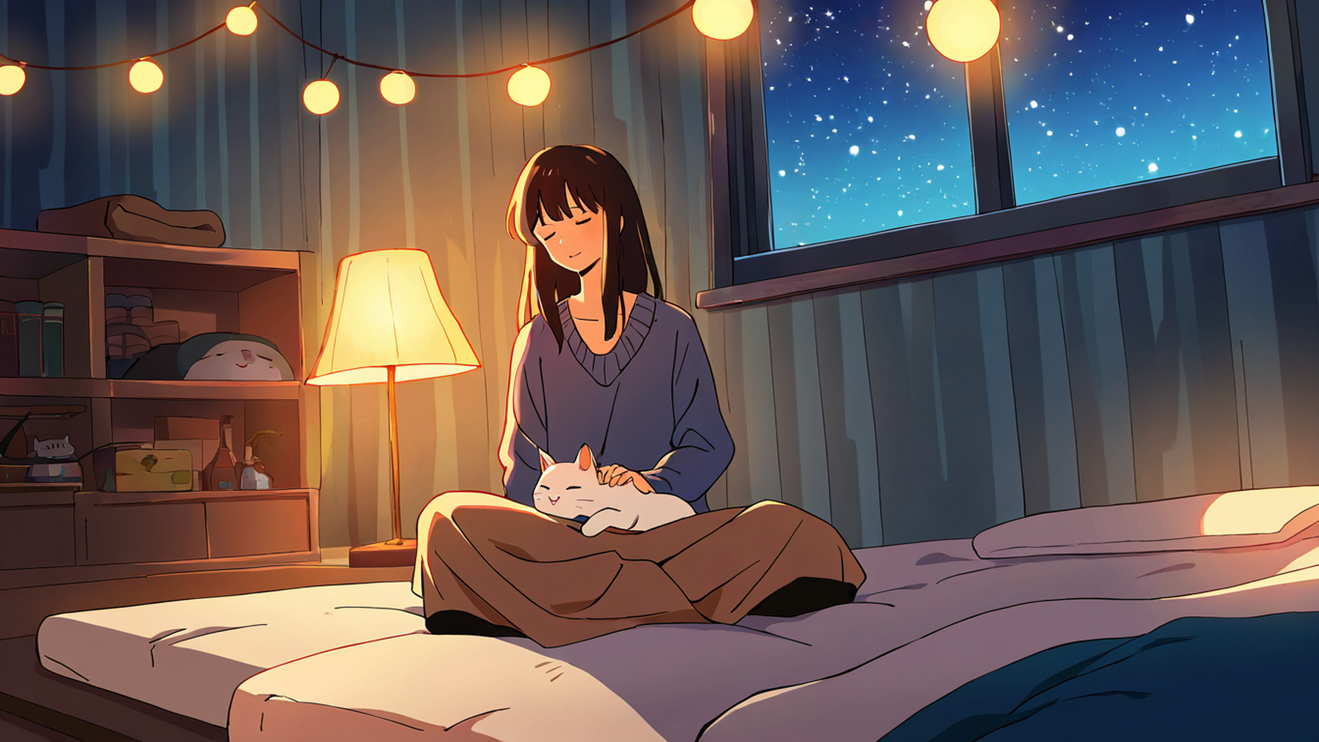 girl with cat lamplight lofi wallpaper