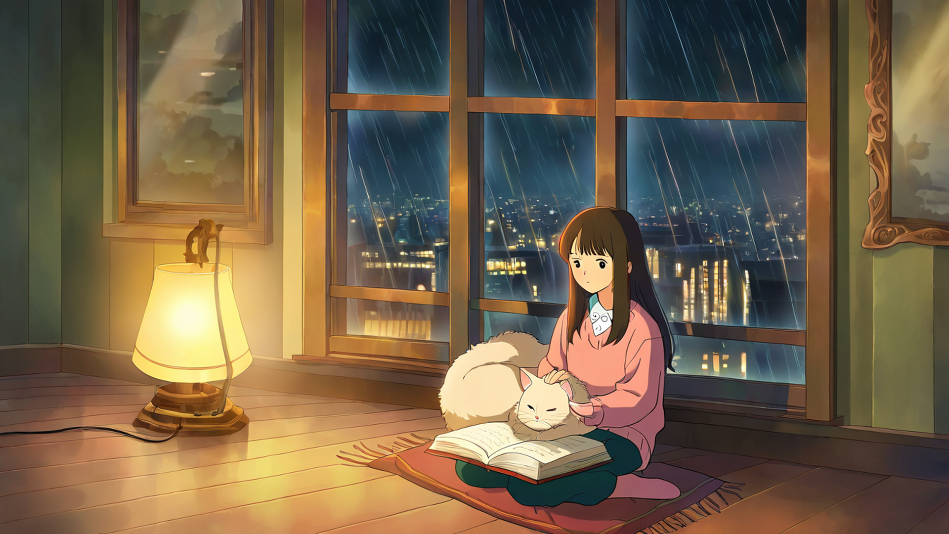 girl with cat lamplight lofi wallpaper