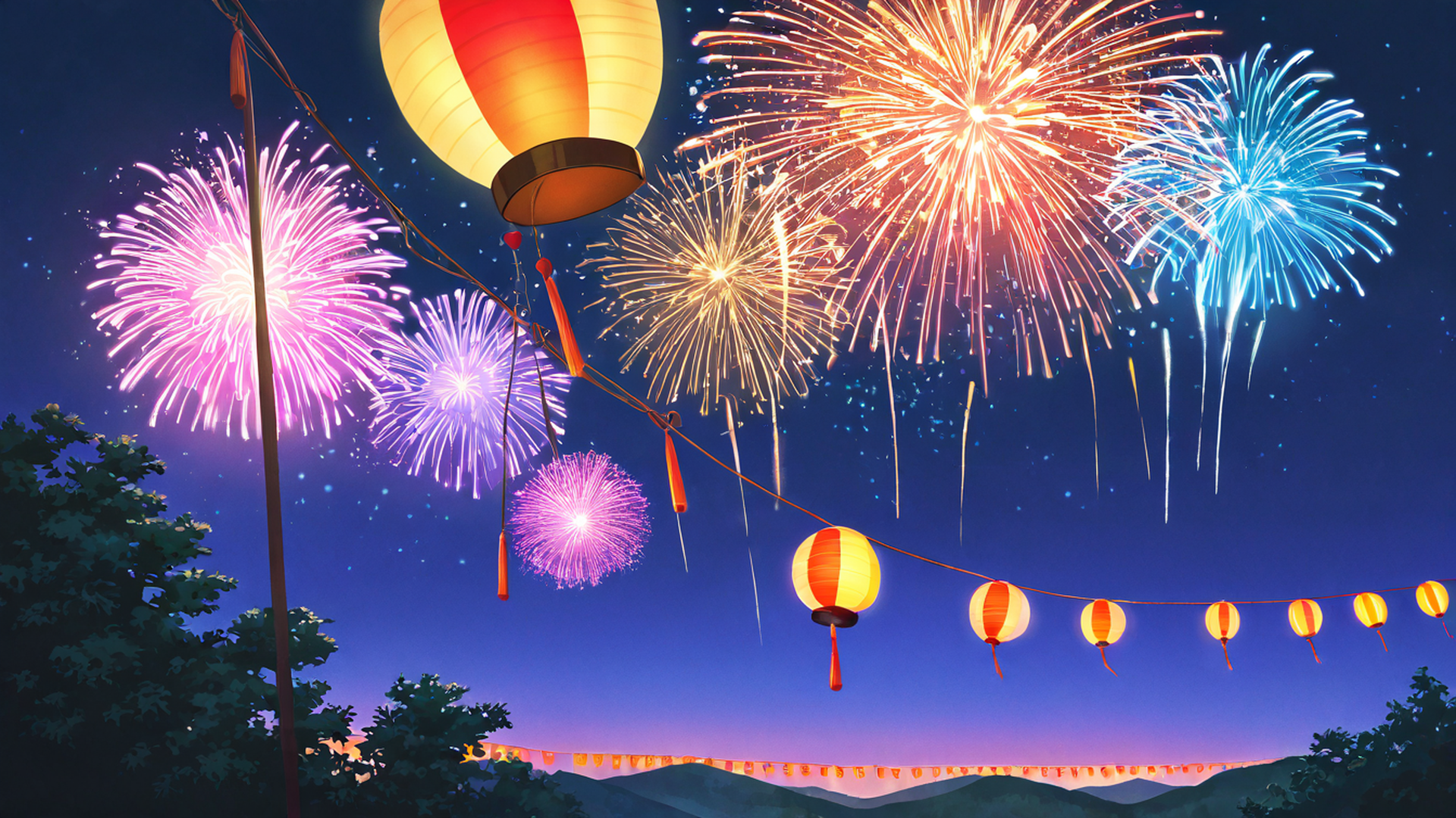 lantern festival night lofi wallpaper