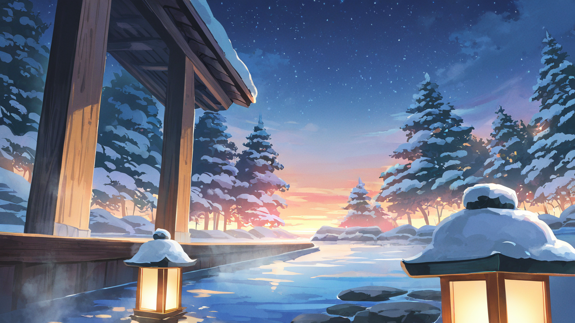 onsen winter lofi wallpaper