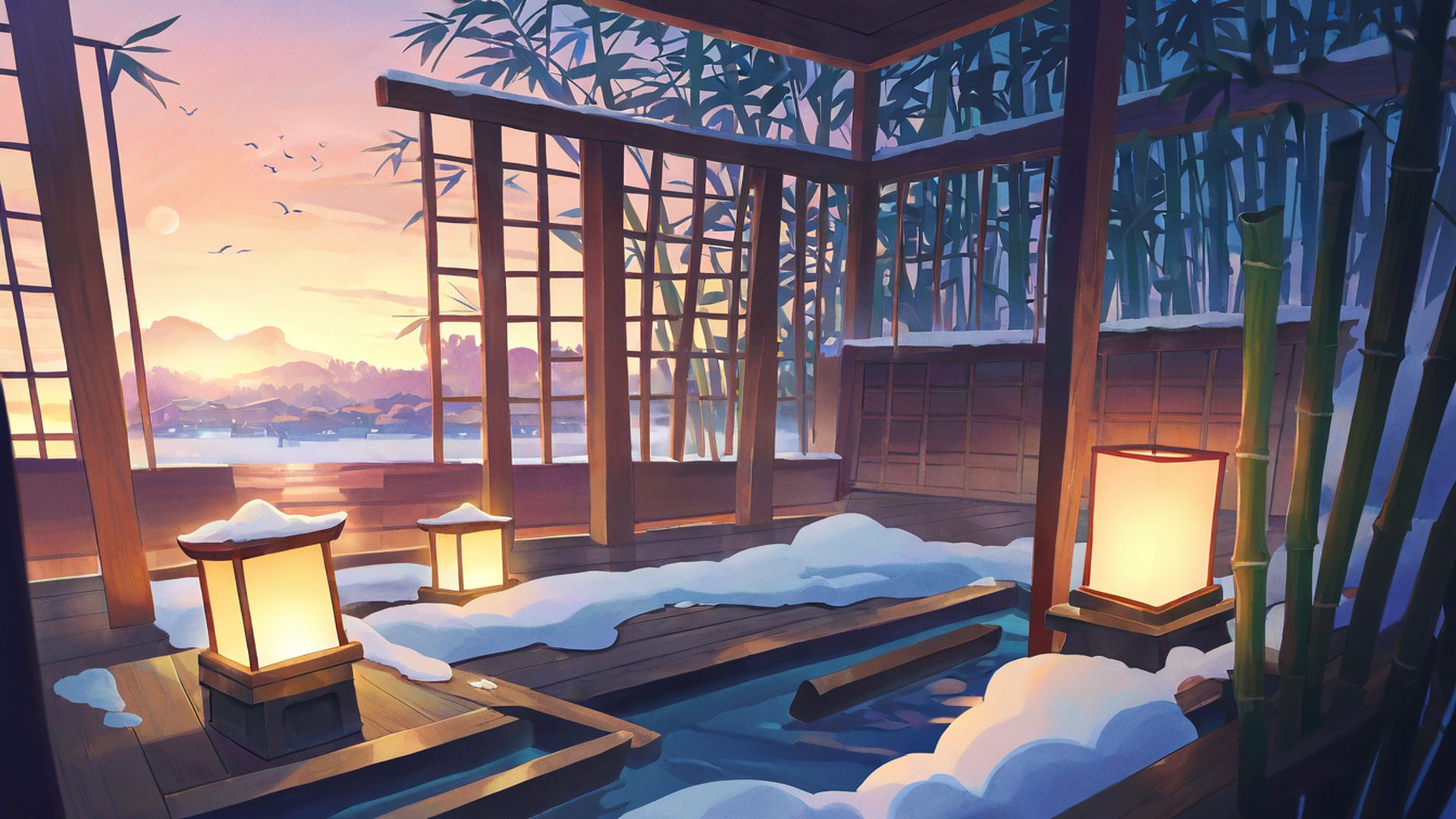 onsen winter lofi wallpaper