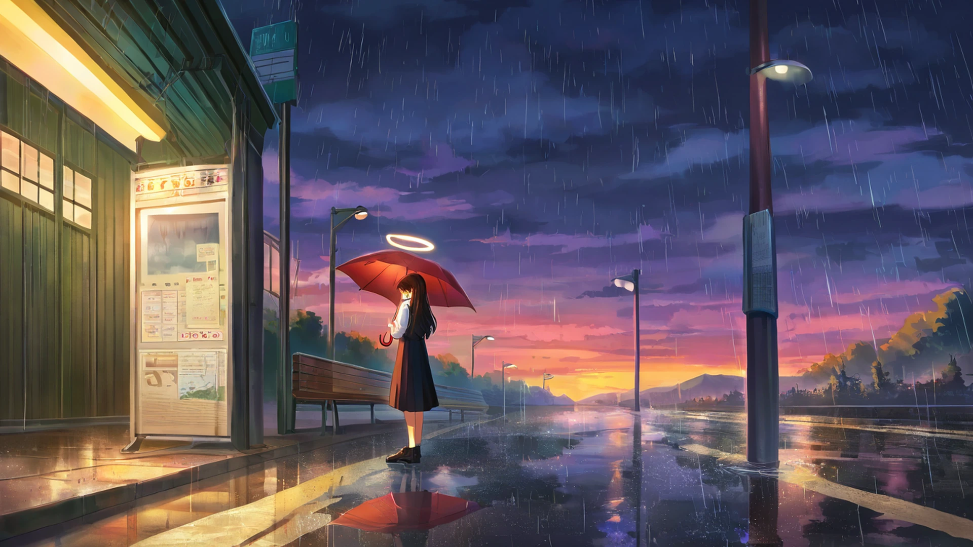 rainy bus stop lofi wallpaper