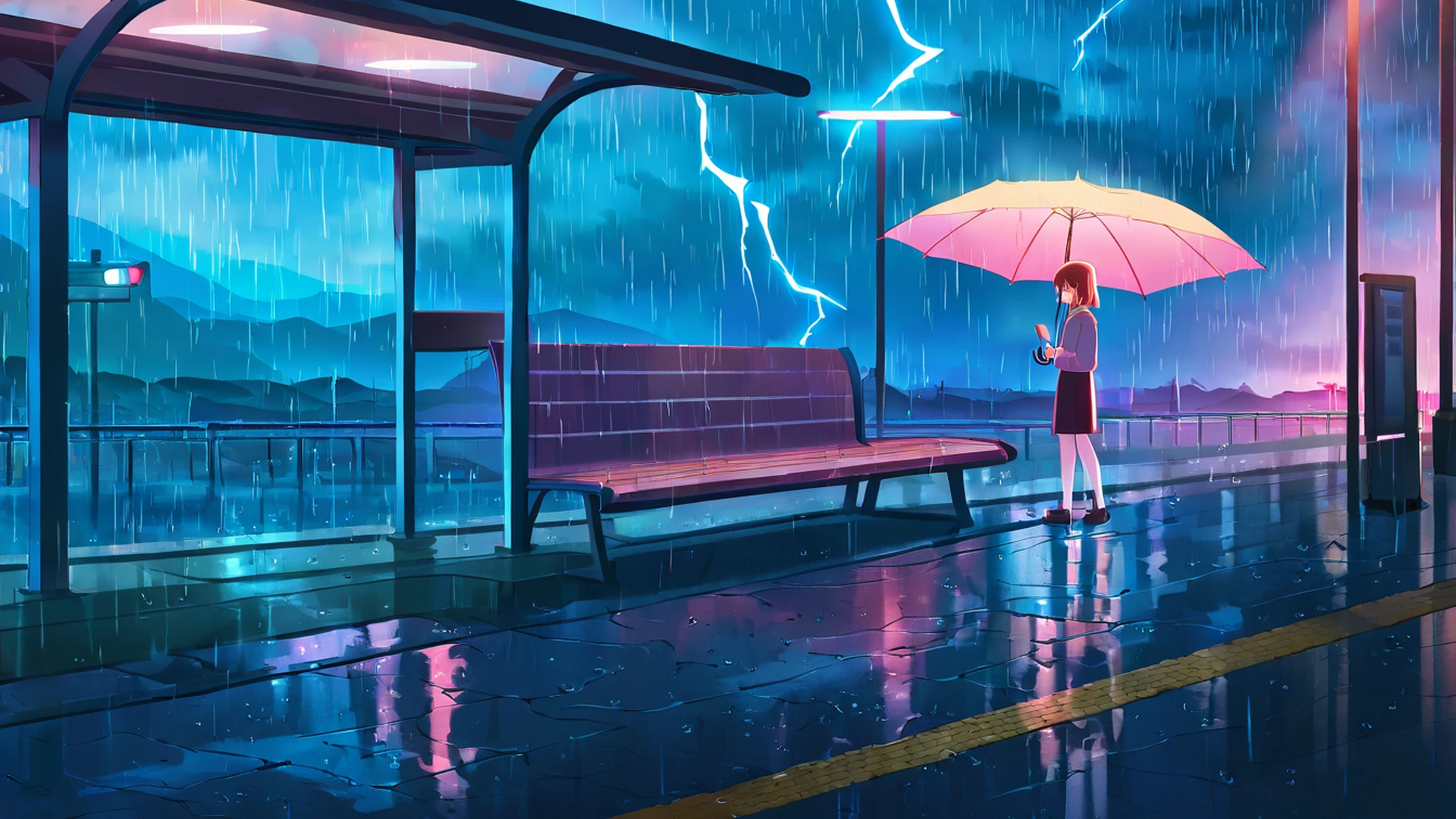 rainy bus stop lofi wallpaper