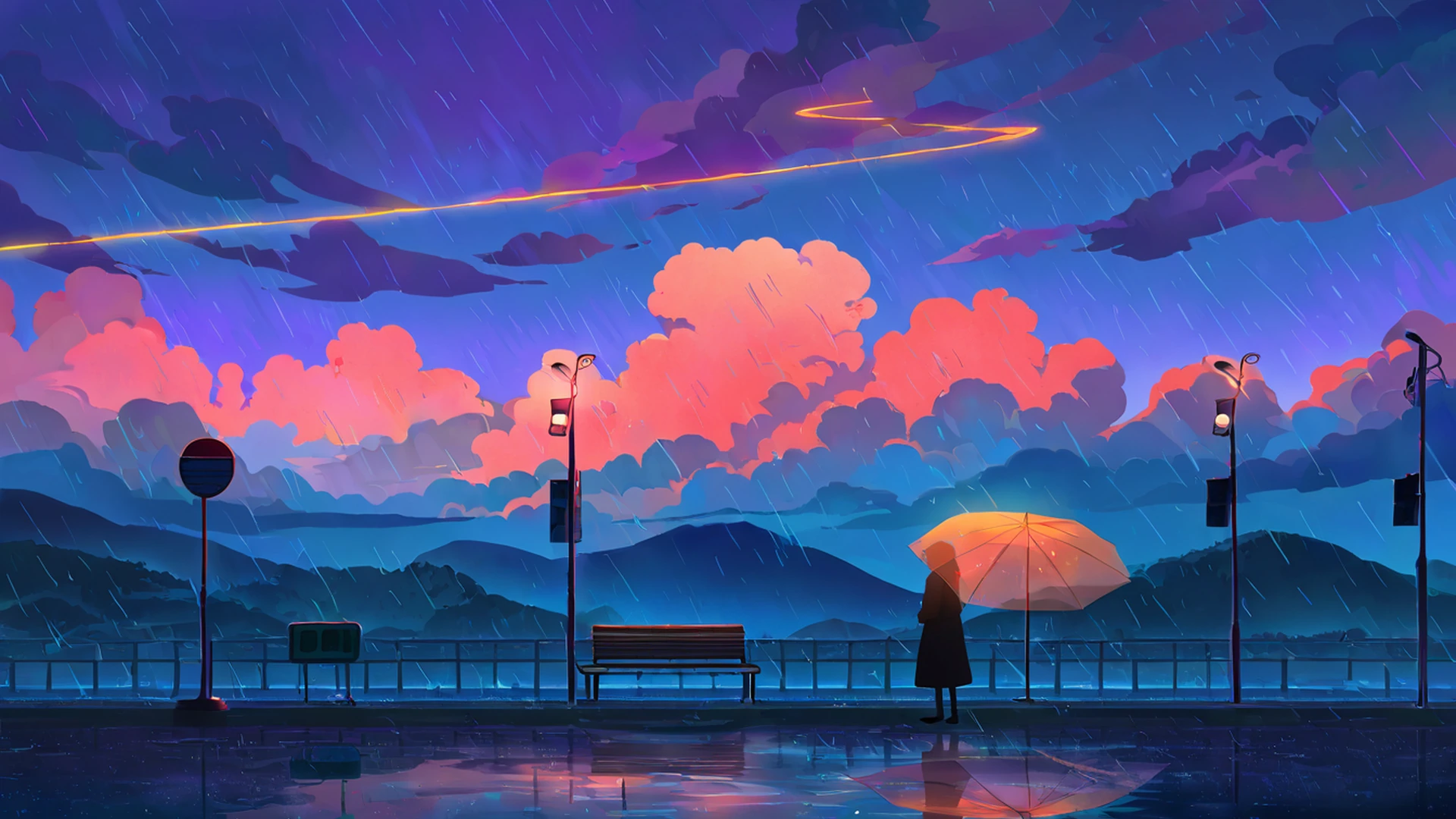 rainy bus stop lofi wallpaper