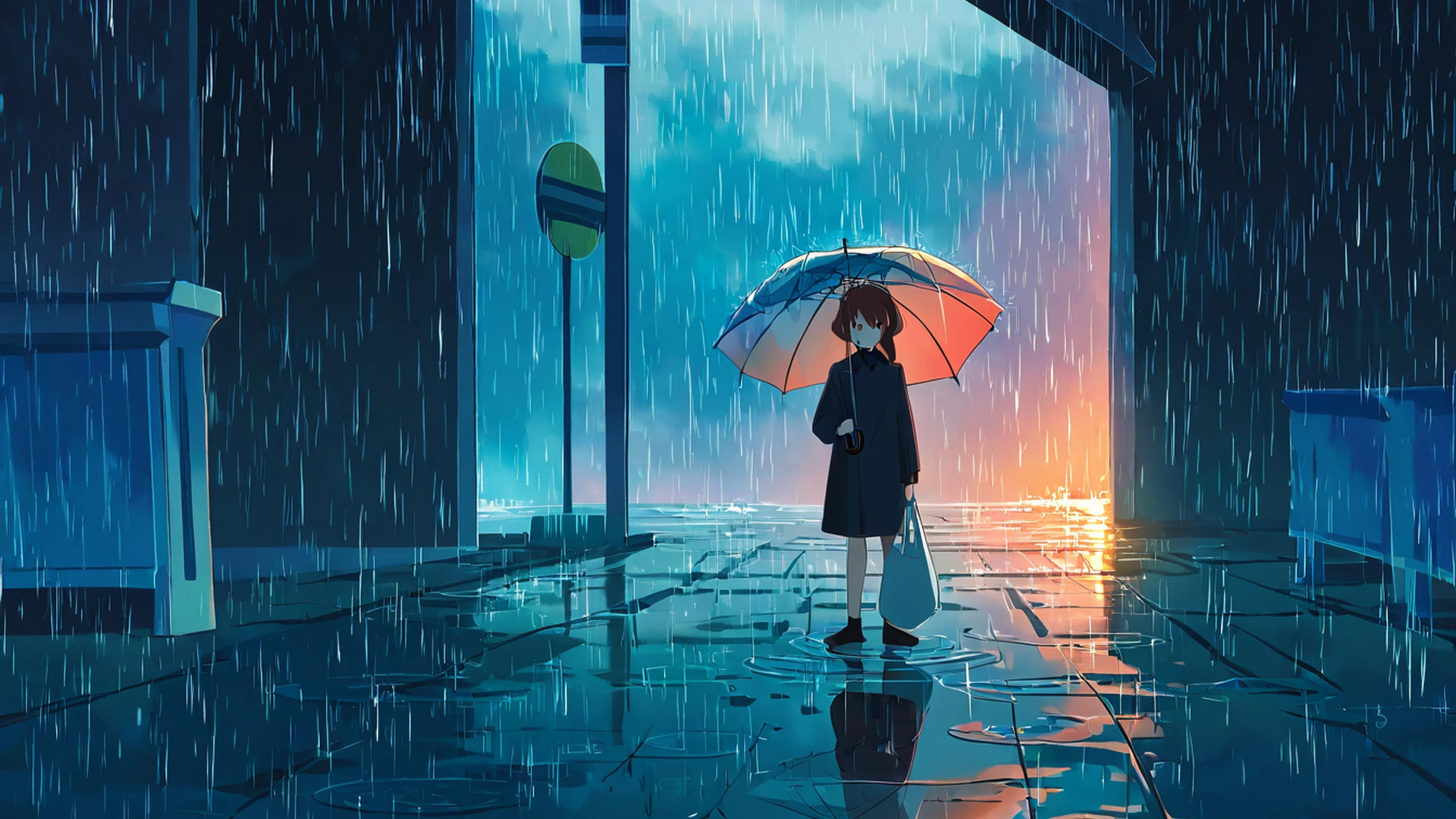 rainy bus stop lofi wallpaper