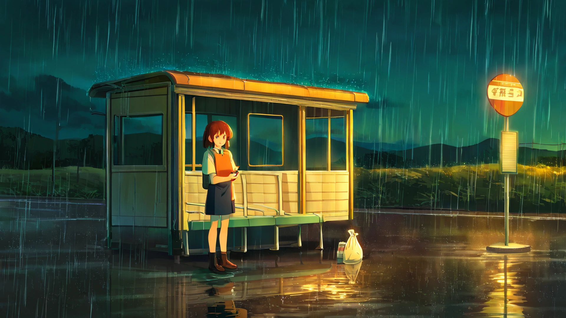 rainy bus stop lofi wallpaper