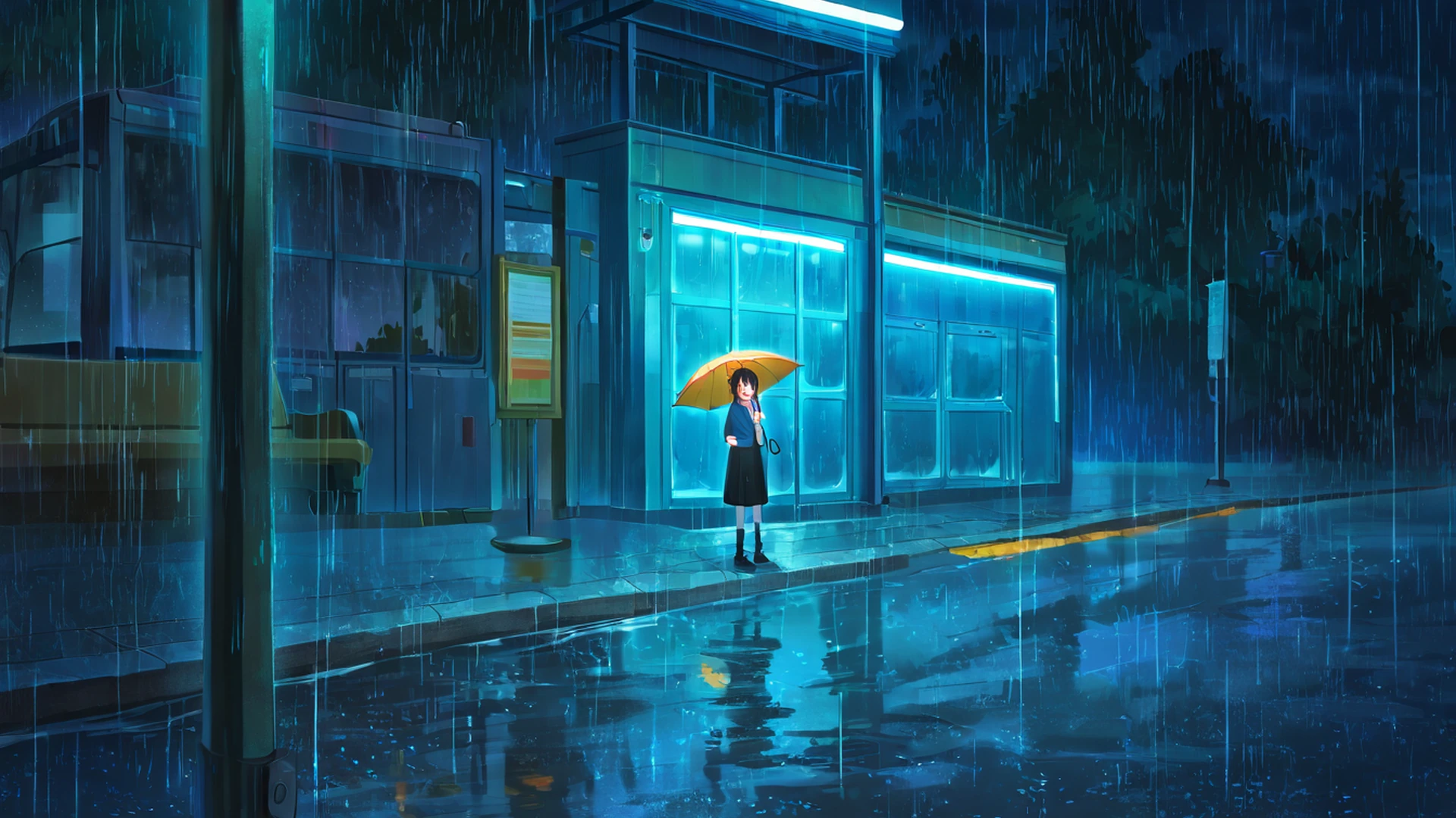 rainy bus stop lofi wallpaper
