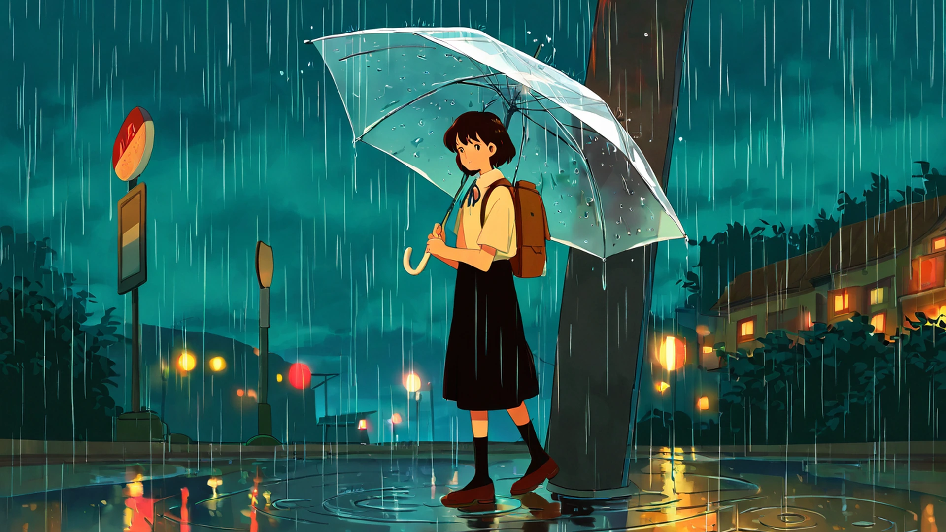 rainy bus stop lofi wallpaper