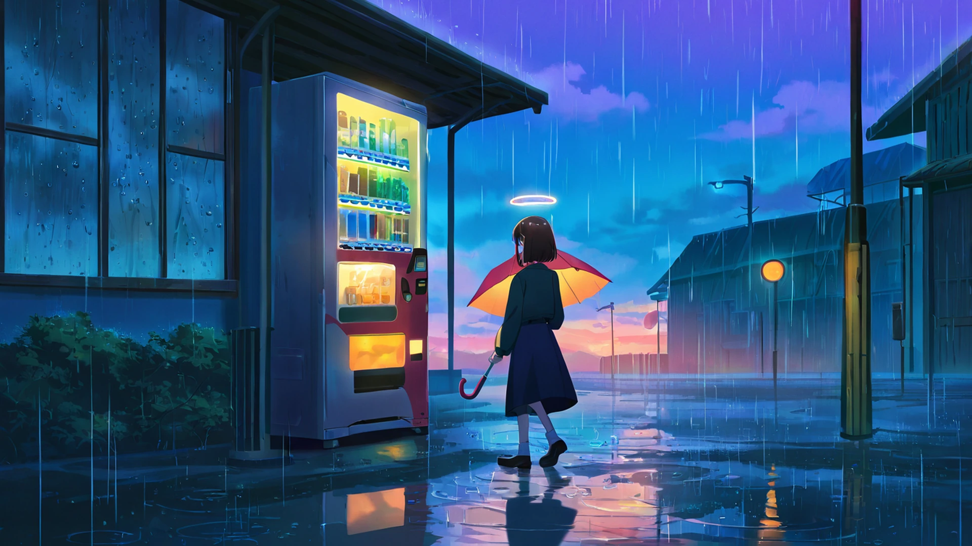 rainy bus stop lofi wallpaper