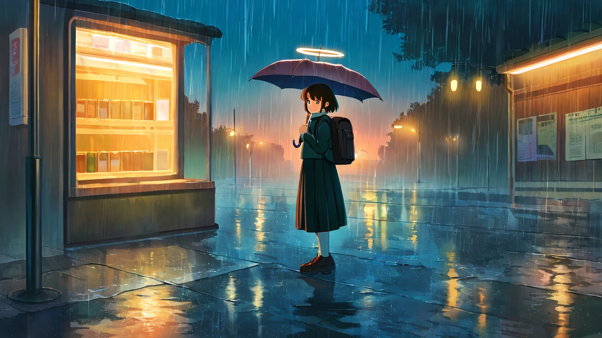 rainy bus stop lofi wallpaper