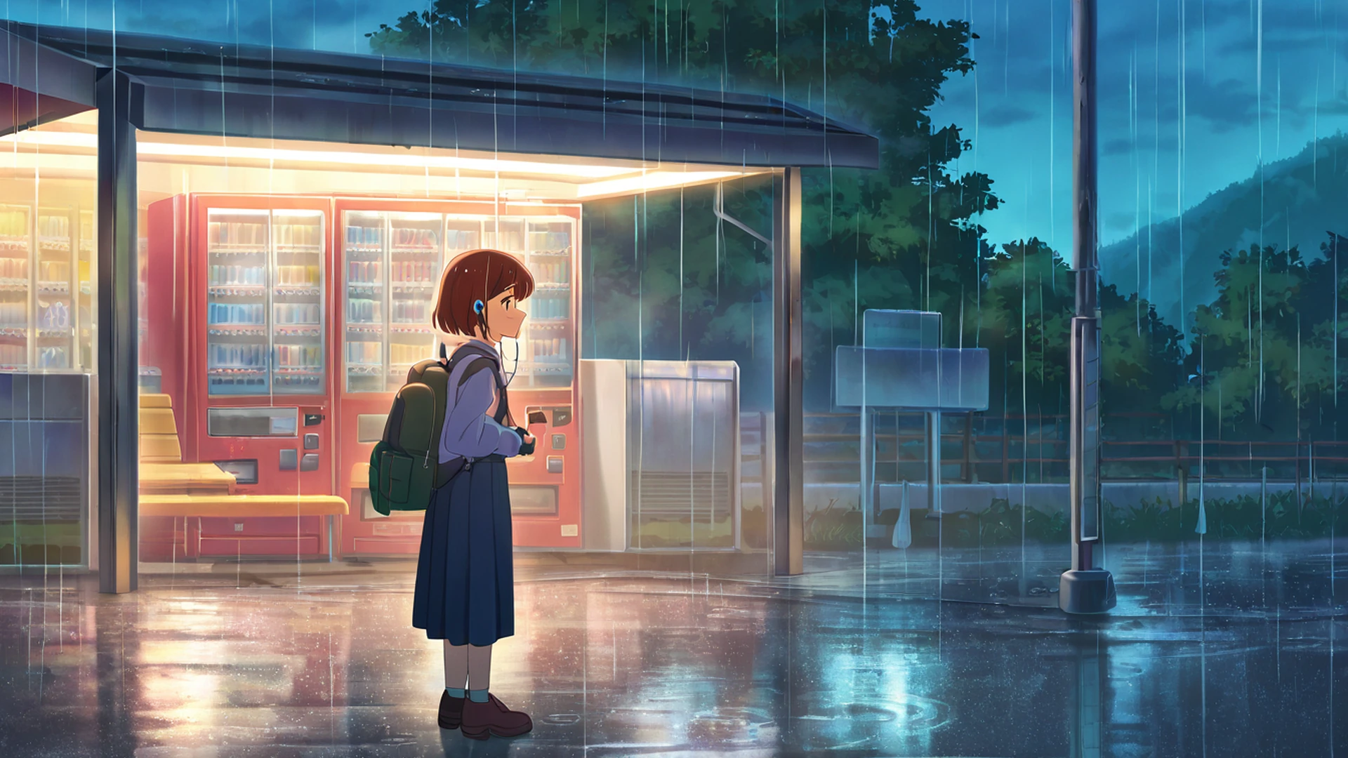 rainy bus stop lofi wallpaper