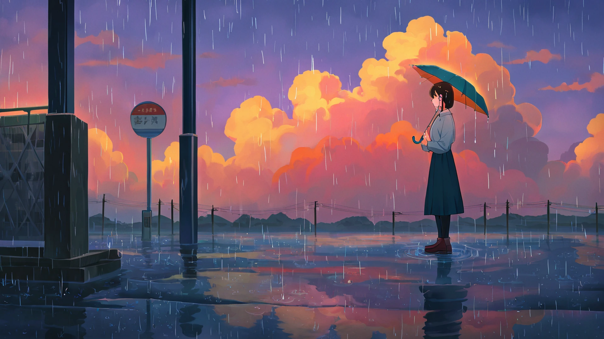 rainy bus stop lofi wallpaper