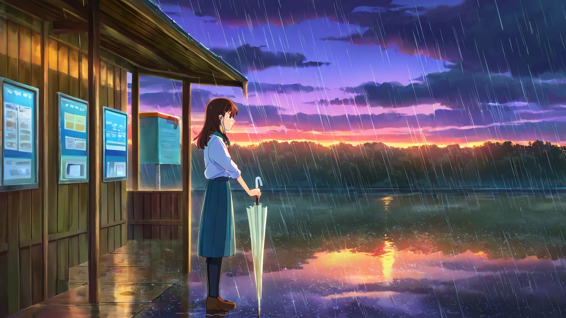 rainy bus stop lofi wallpaper