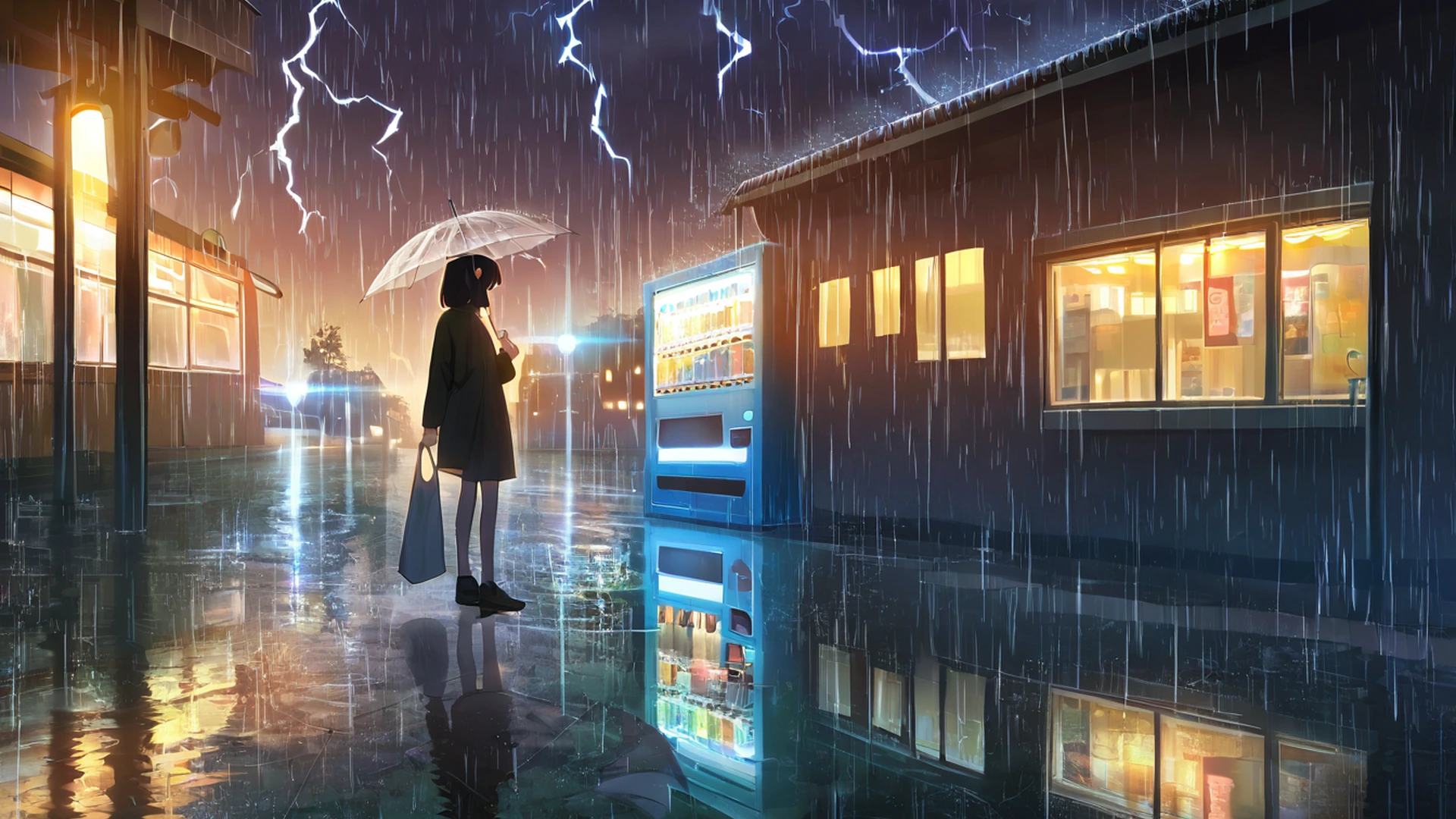 rainy bus stop lofi wallpaper