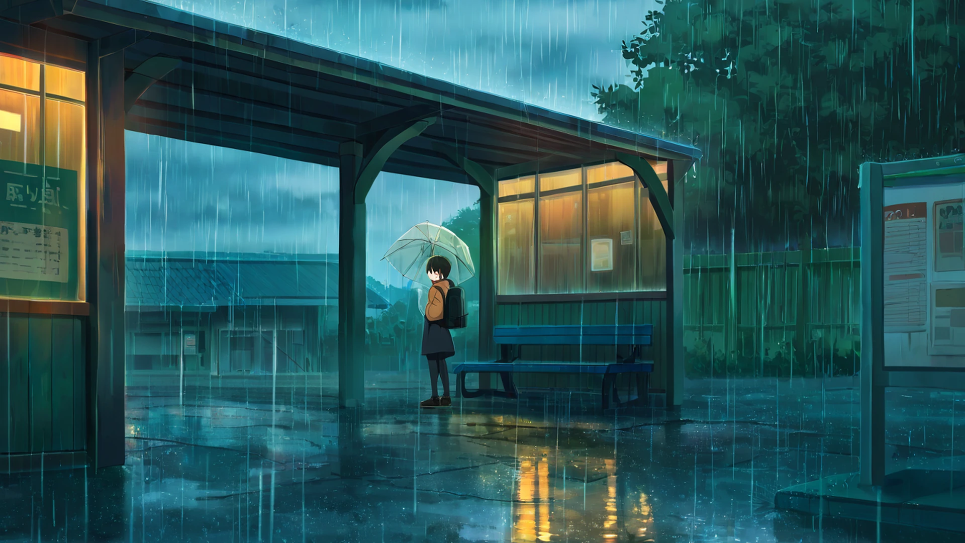 rainy bus stop lofi wallpaper