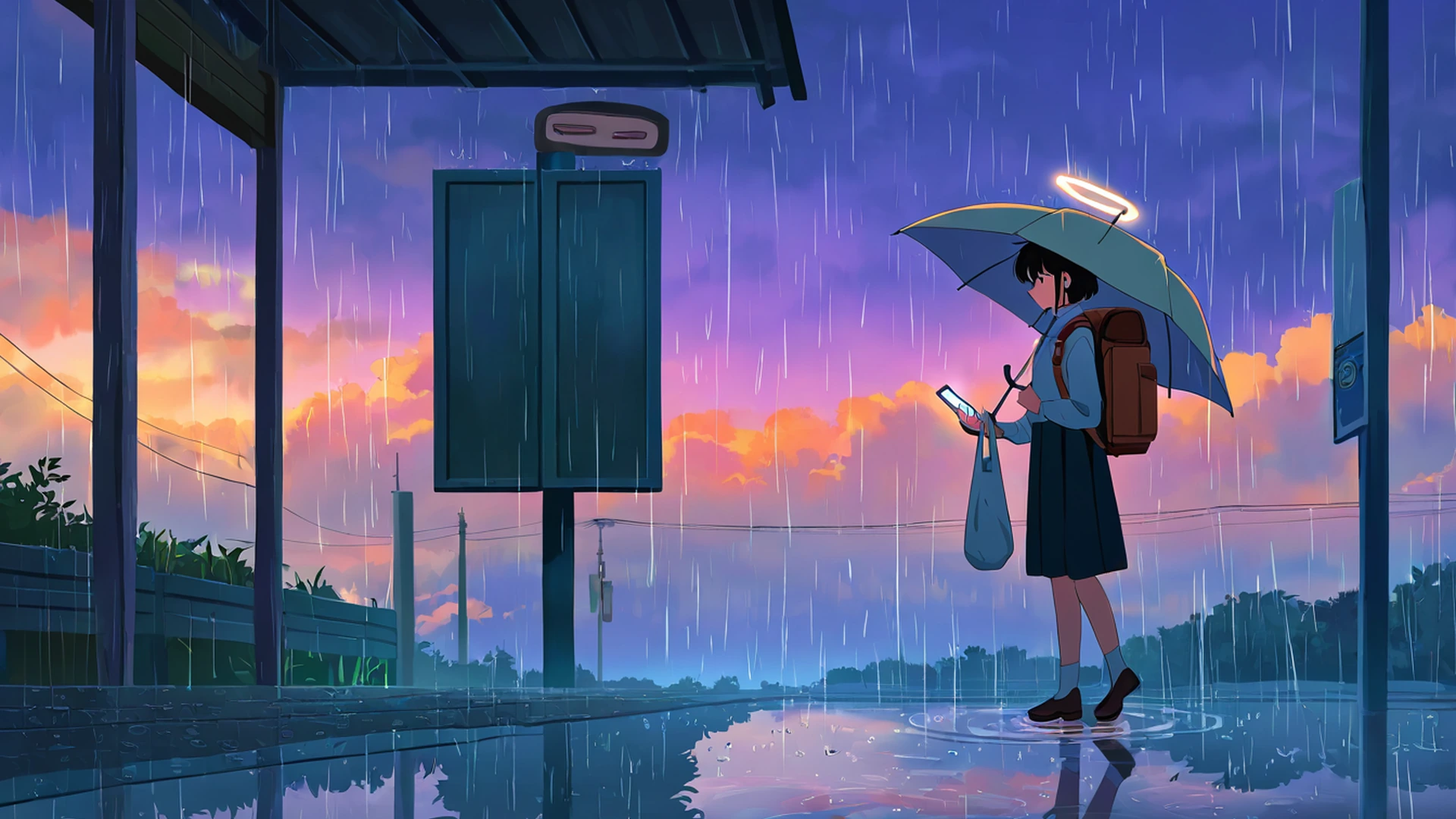 rainy bus stop lofi wallpaper
