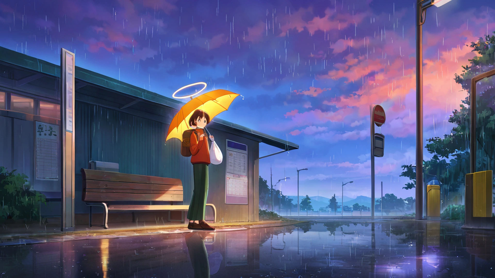 rainy bus stop lofi wallpaper