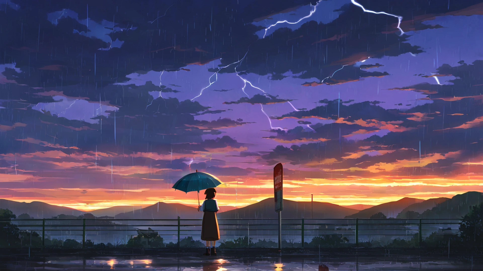 rainy bus stop lofi wallpaper