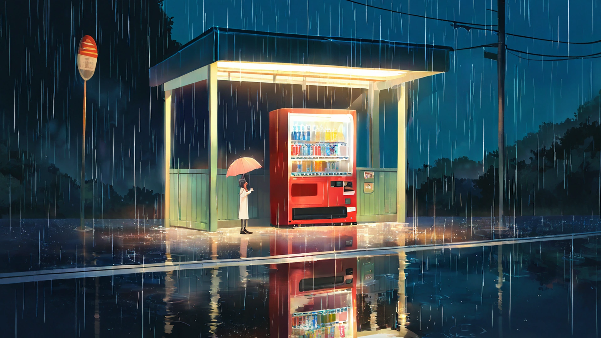 rainy bus stop lofi wallpaper
