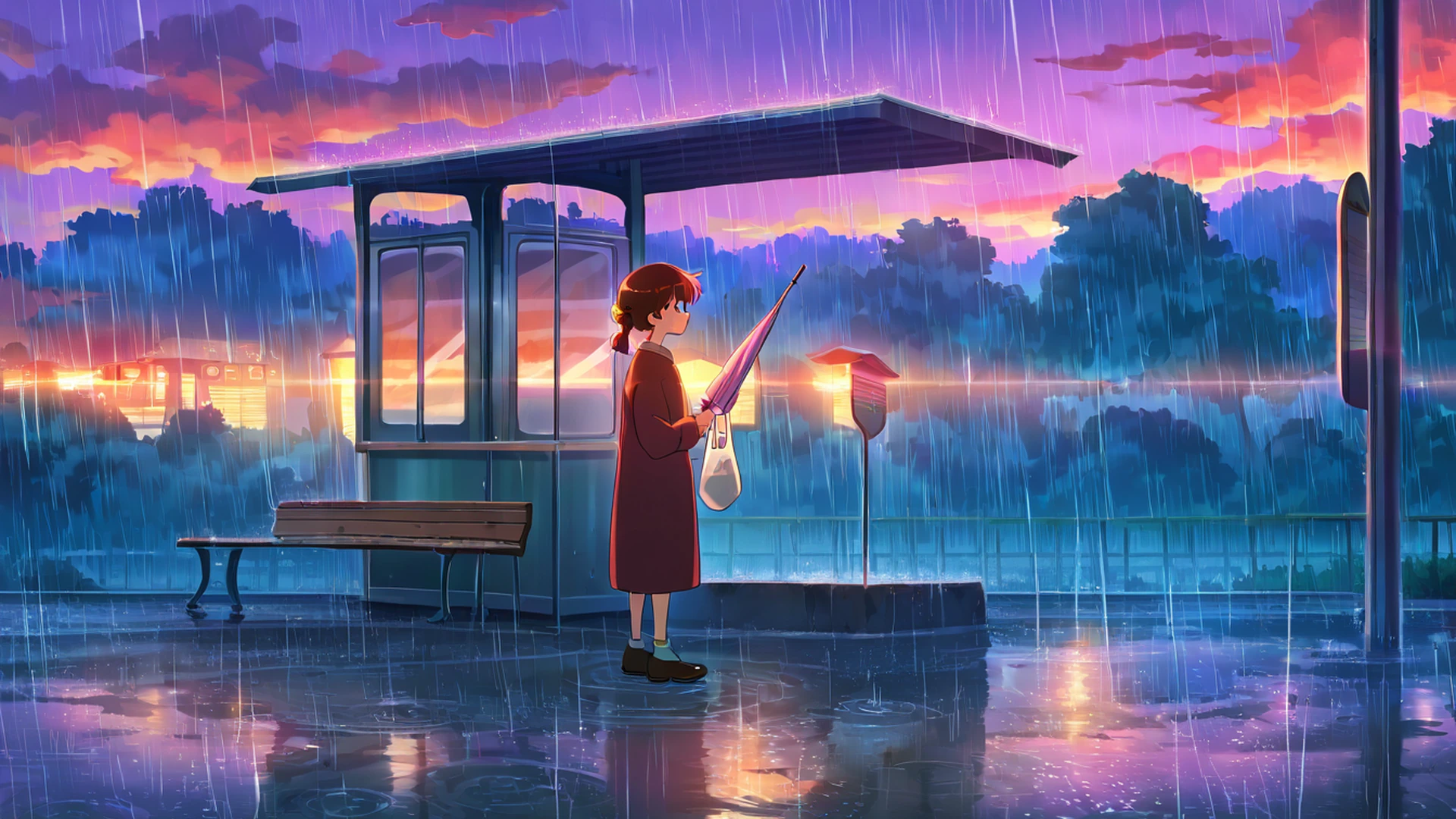 rainy bus stop lofi wallpaper
