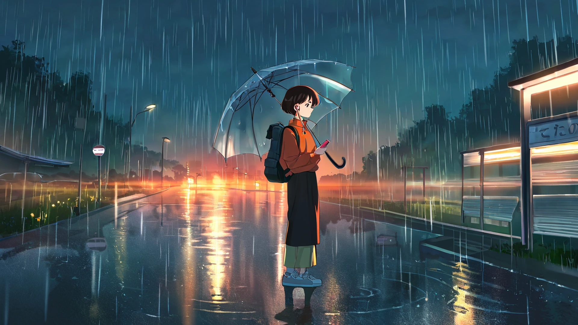 rainy bus stop lofi wallpaper