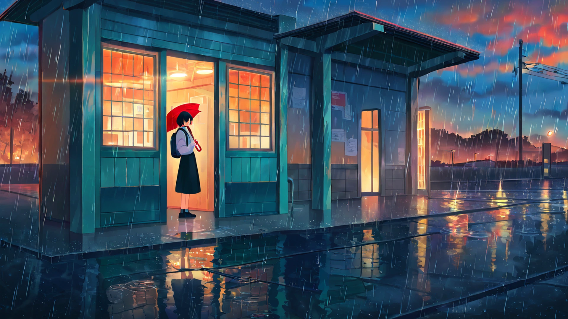 rainy bus stop lofi wallpaper