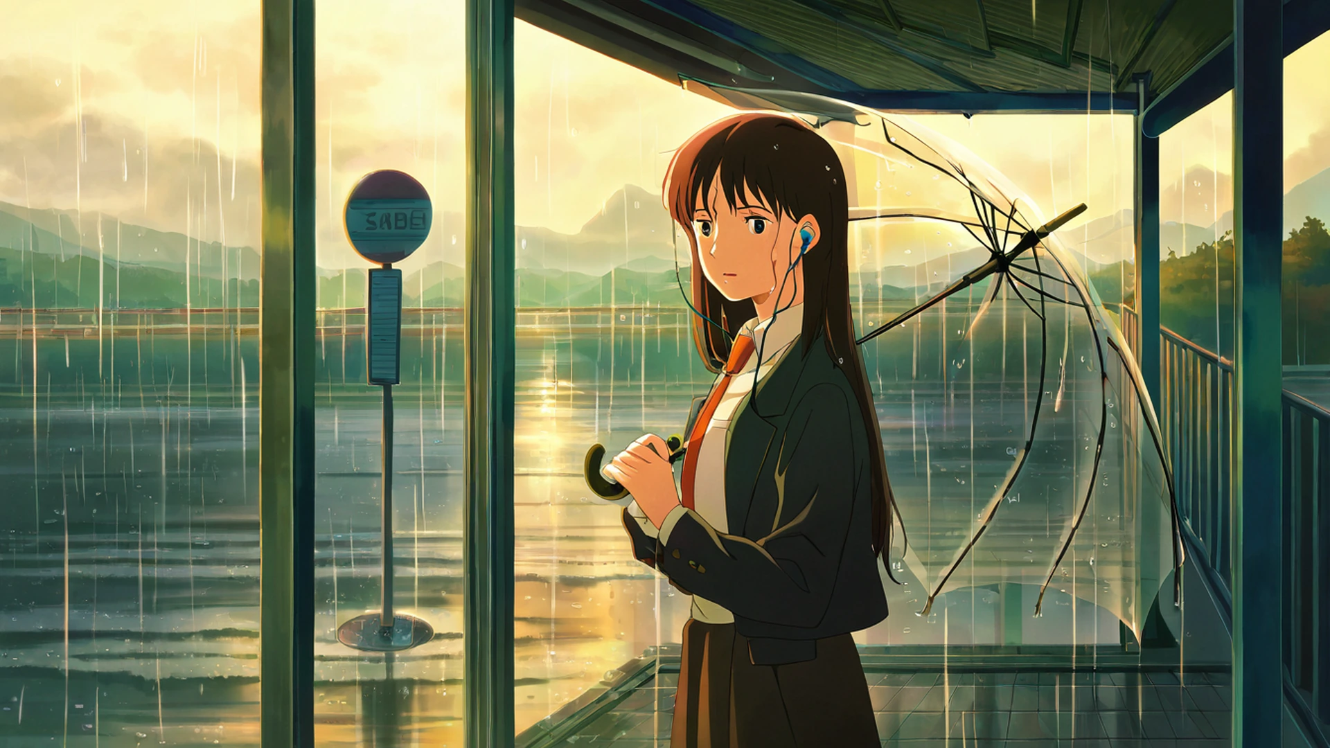 rainy bus stop lofi wallpaper