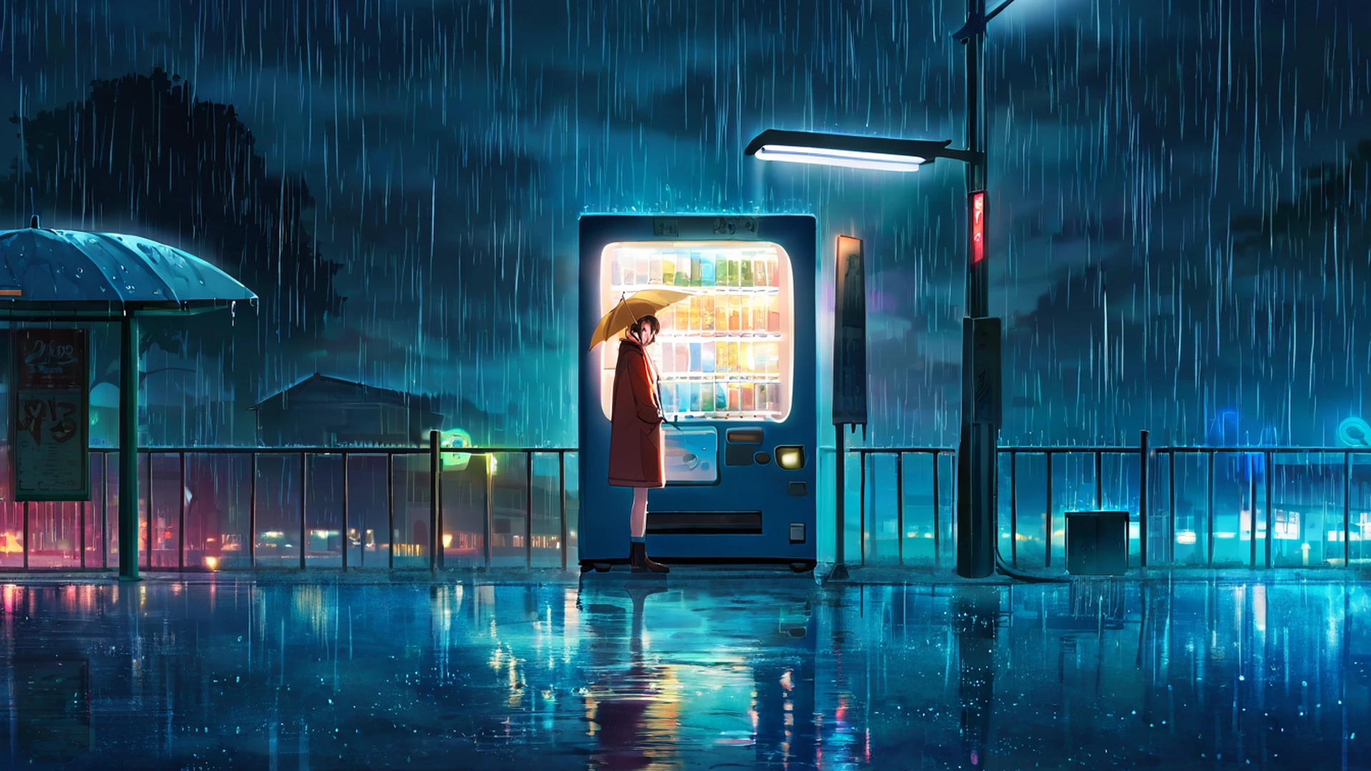 rainy bus stop lofi wallpaper