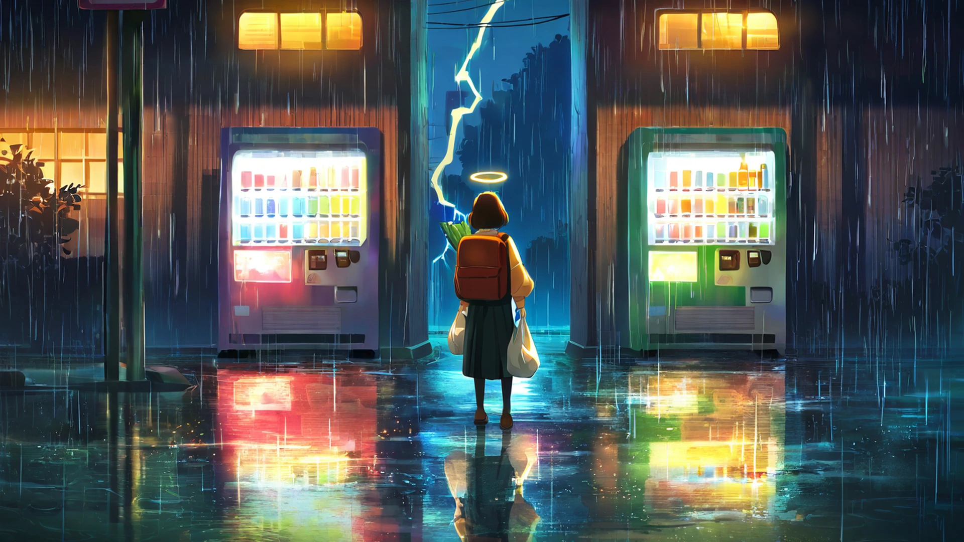 rainy bus stop lofi wallpaper
