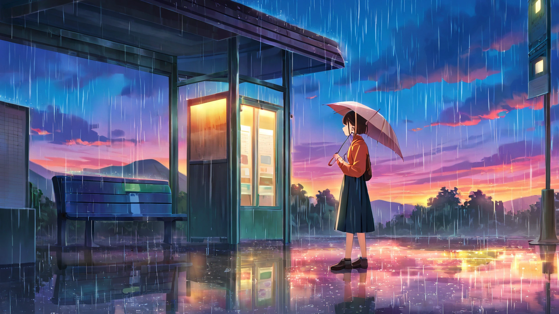 rainy bus stop lofi wallpaper