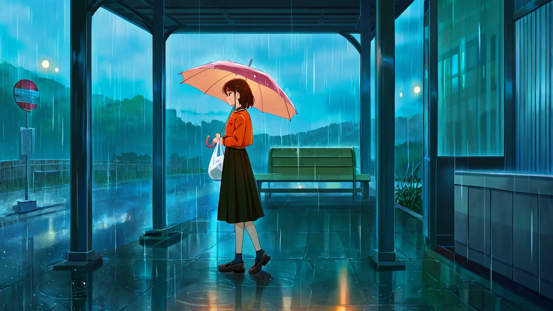rainy bus stop lofi wallpaper