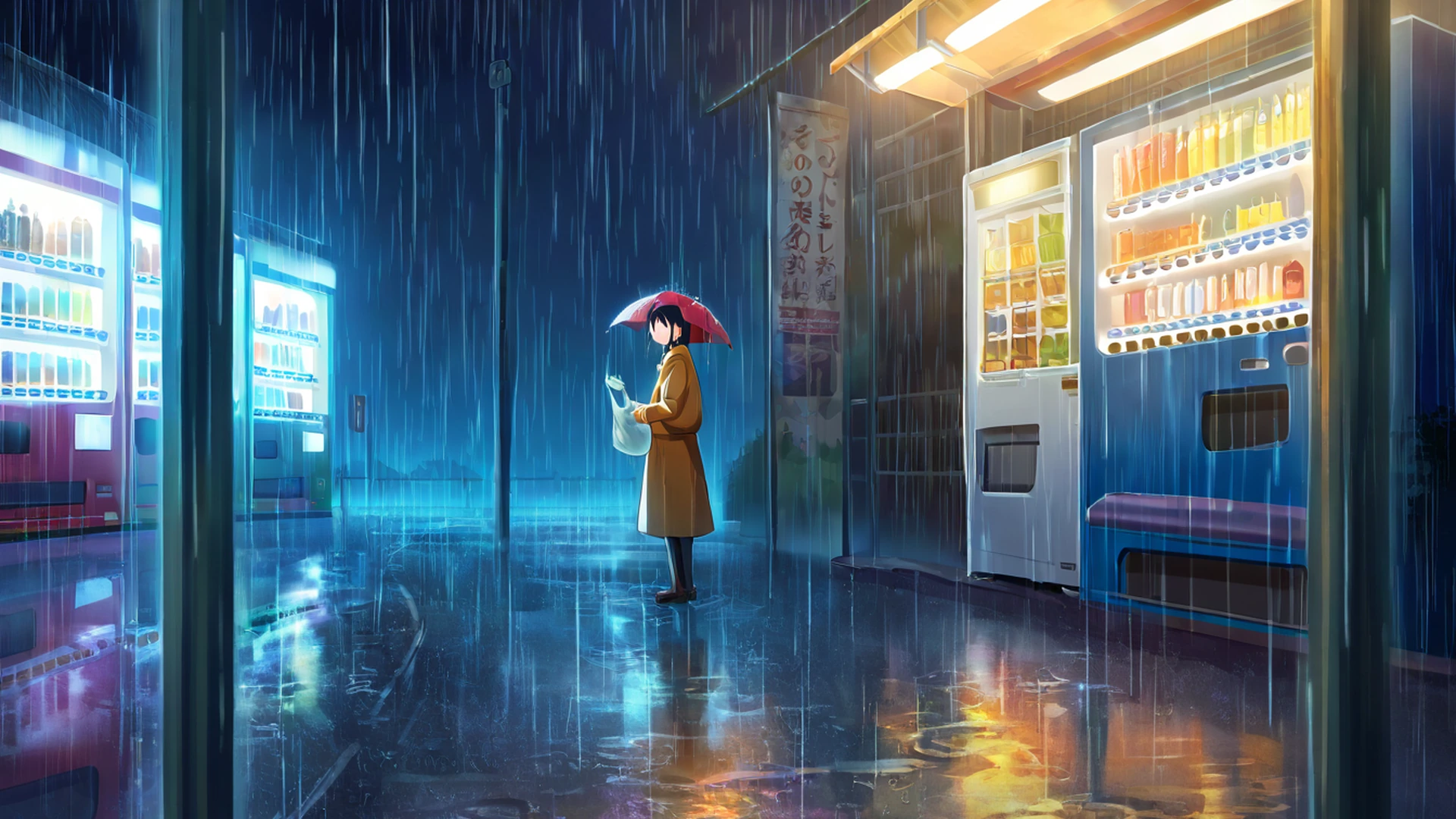 rainy bus stop lofi wallpaper