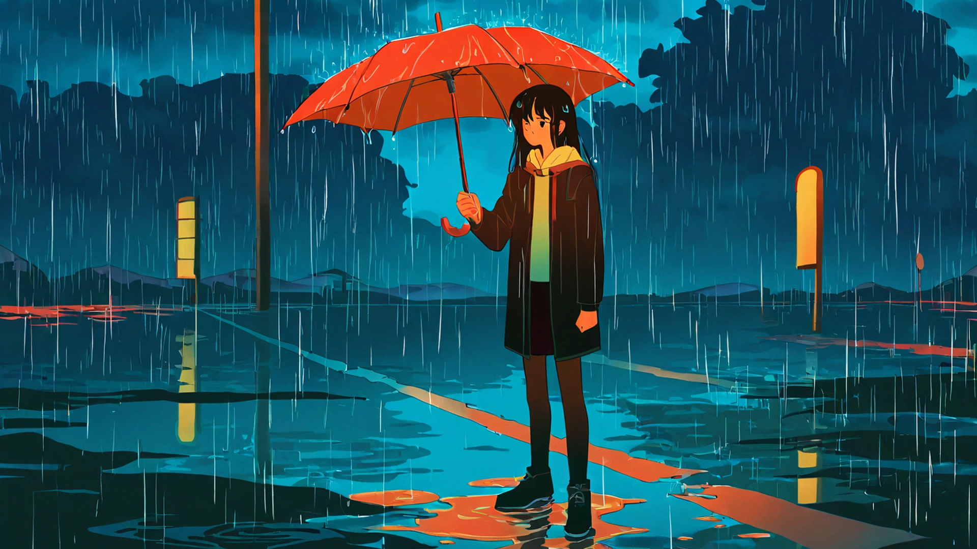 rainy bus stop lofi wallpaper