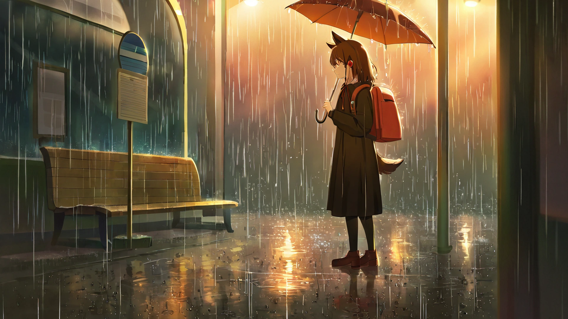 rainy bus stop lofi wallpaper