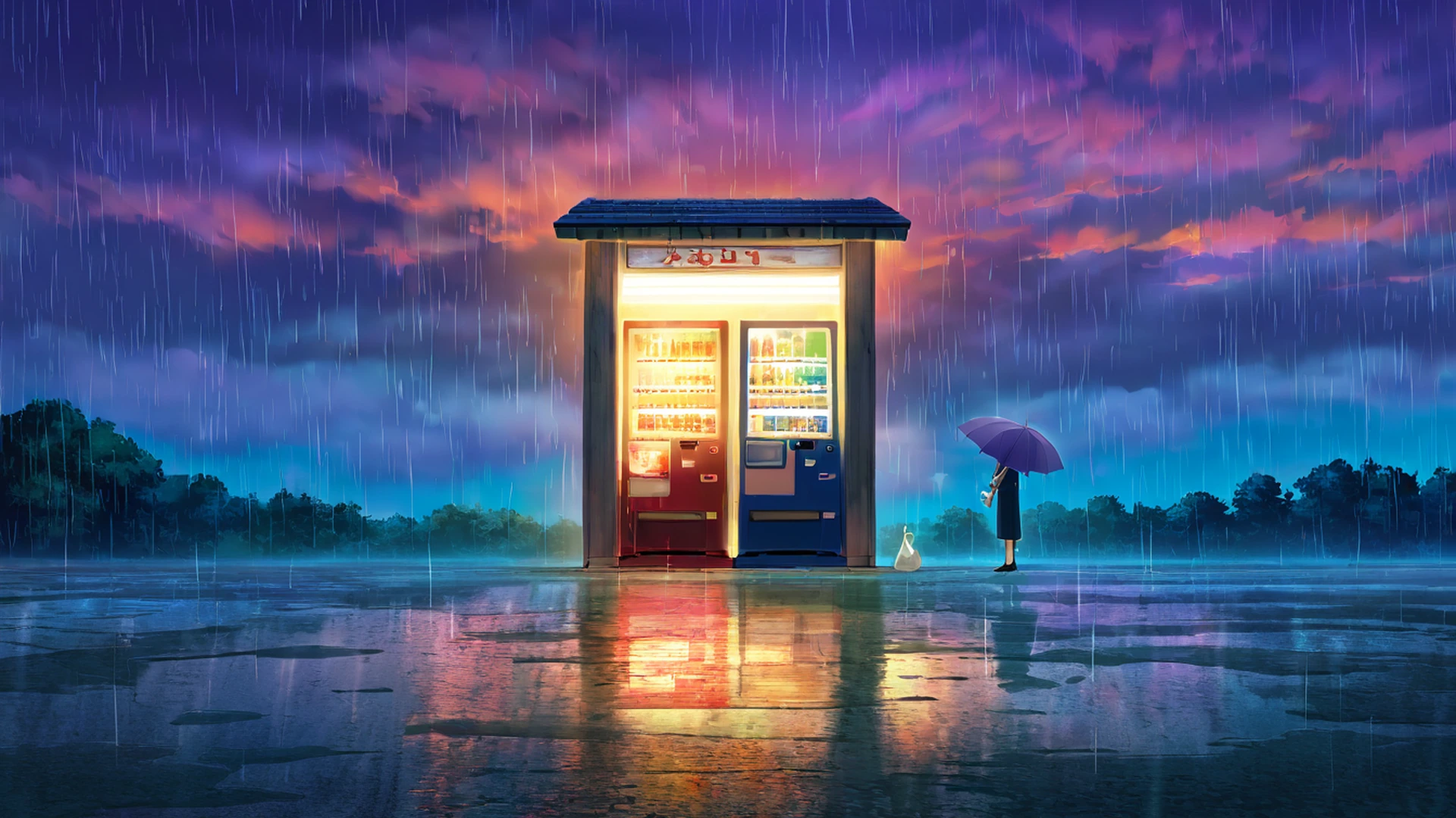 rainy bus stop lofi wallpaper