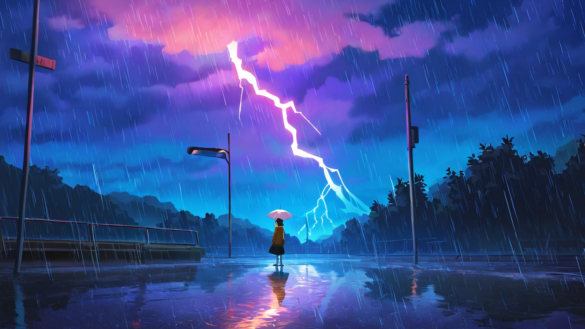 rainy bus stop lofi wallpaper