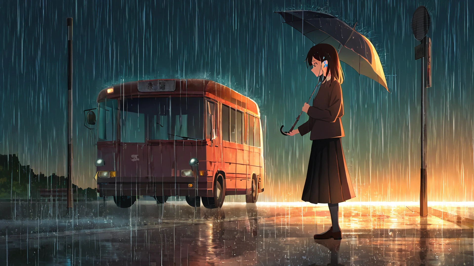 rainy bus stop lofi wallpaper