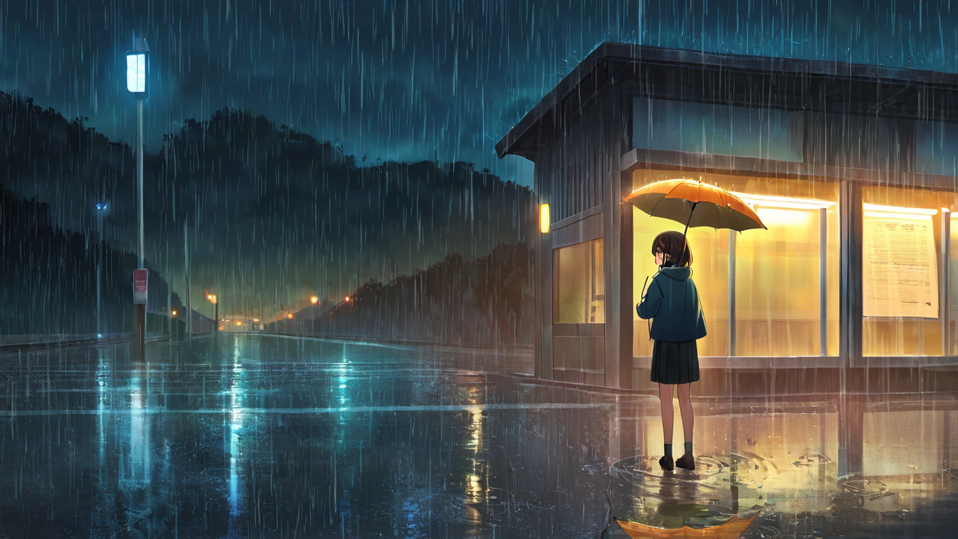 rainy bus stop lofi wallpaper