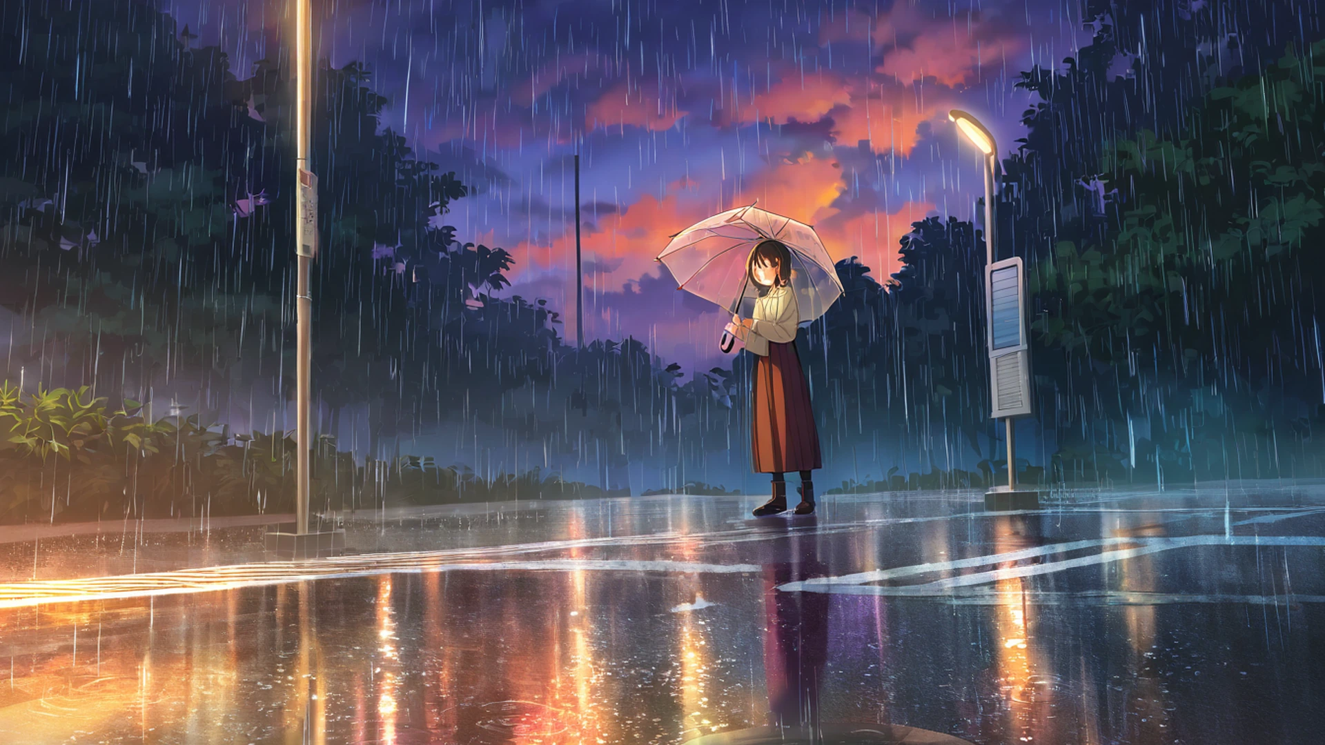 rainy bus stop lofi wallpaper