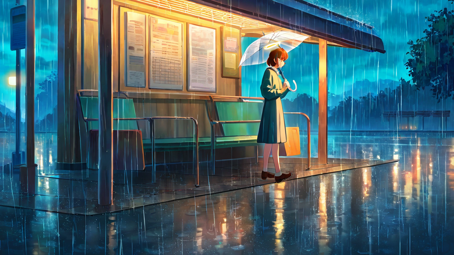 rainy bus stop lofi wallpaper